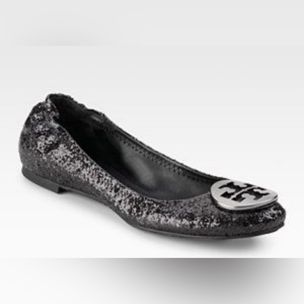 Tory Burch Black Glitter Reva Ballerina Flats Sz 7.5